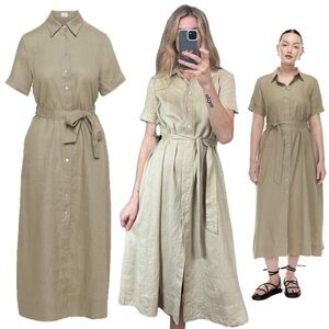 Wilfred Aritzia Eleta Tan 100% Linen Shirt Midi Button Short Sleeve Belted Dress